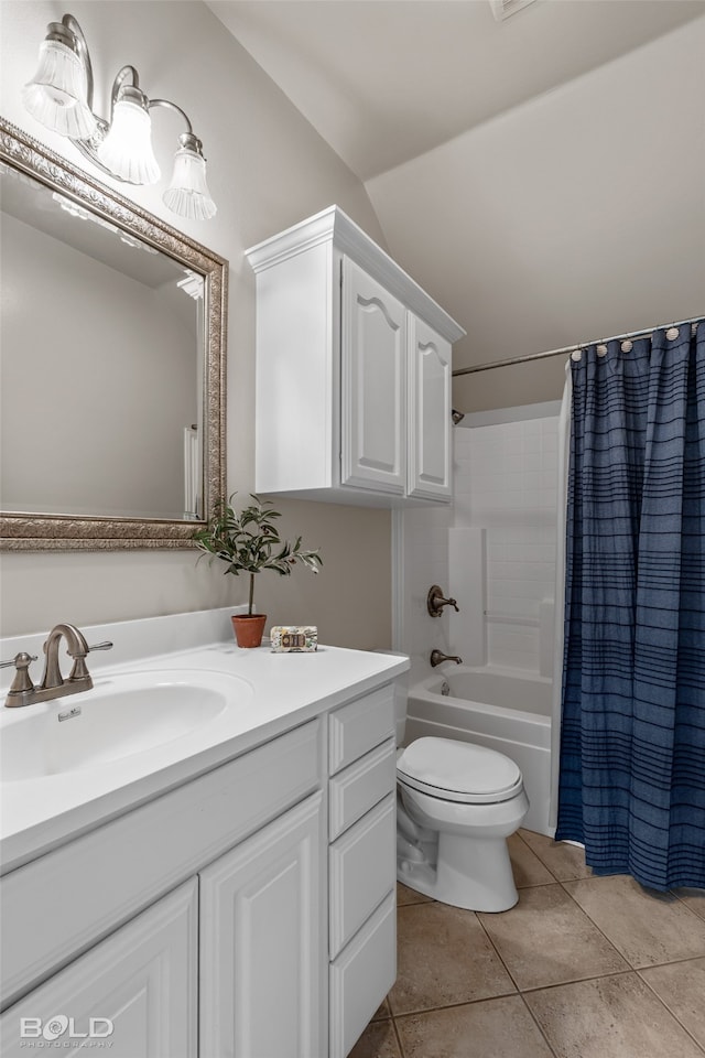 full bathroom with lofted ceiling, toilet, tile patterned flooring, vanity, and shower / bathtub combination with curtain