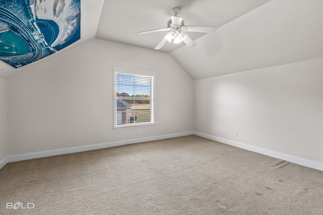 bonus room with lofted ceiling, carpet floors, and ceiling fan