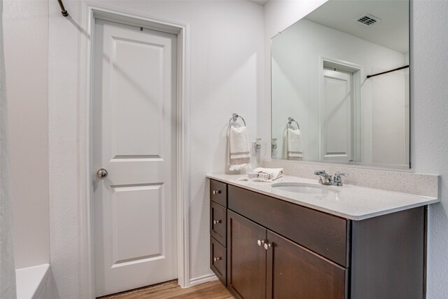 bathroom with vanity and hardwood / wood-style flooring