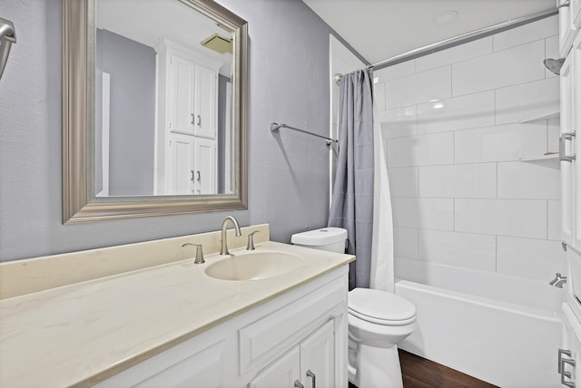 full bathroom featuring shower / bath combo, vanity, toilet, and wood-type flooring