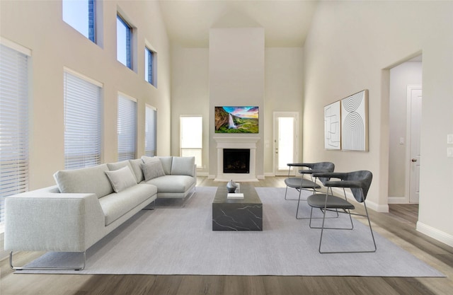 living room featuring a high ceiling and light hardwood / wood-style flooring