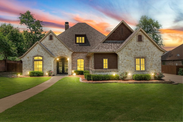 french country style house with a lawn