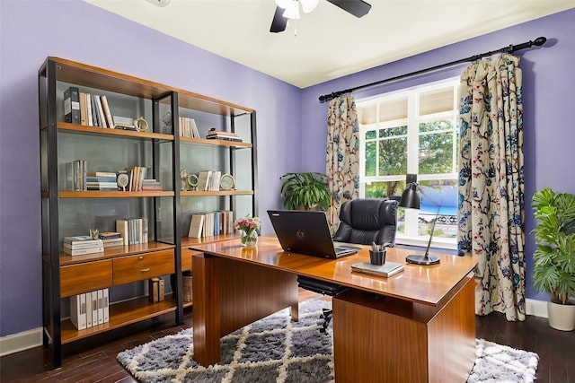 office featuring dark hardwood / wood-style floors and ceiling fan