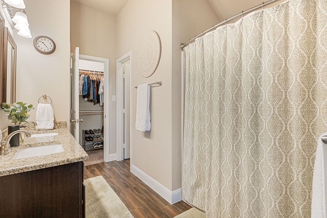 bathroom with vanity, wood-type flooring, and a shower with curtain