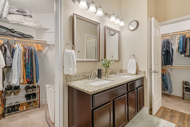 full bathroom with wood finished floors, a sink, a spacious closet, and double vanity