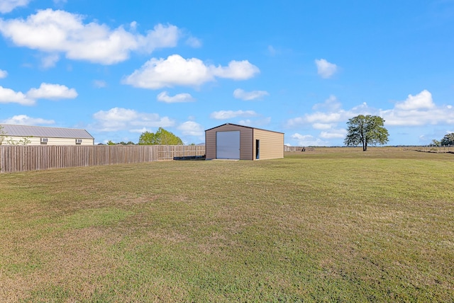 view of yard featuring a storage unit, an outdoor structure, and a fenced backyard