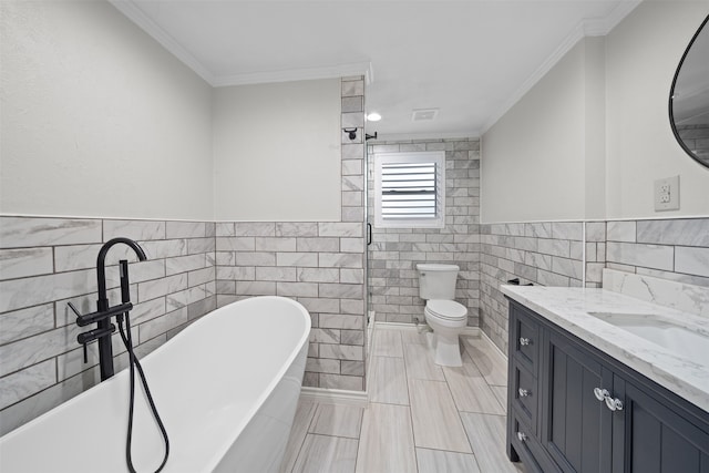 full bathroom with vanity, toilet, and tile walls