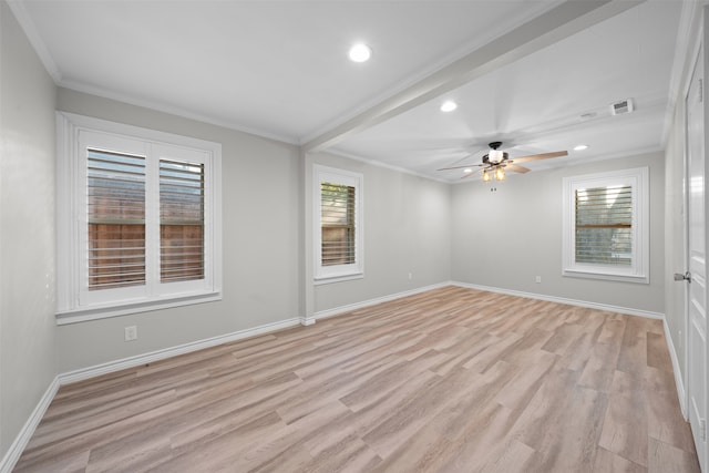 unfurnished room with crown molding, ceiling fan, and light hardwood / wood-style floors