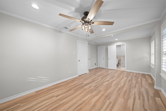 unfurnished bedroom featuring crown molding, light hardwood / wood-style floors, and ceiling fan