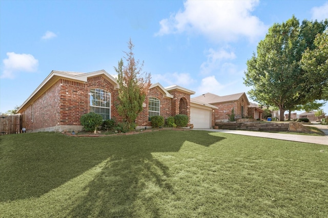 ranch-style house with a garage and a front lawn