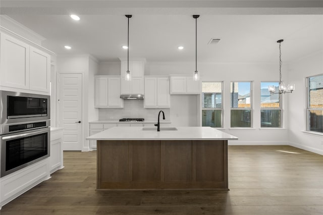 kitchen with sink, white cabinetry, stainless steel oven, and an island with sink