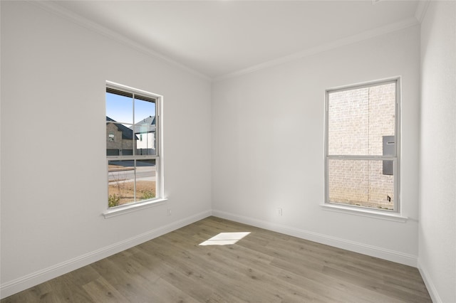 spare room with light wood-type flooring, ornamental molding, and plenty of natural light