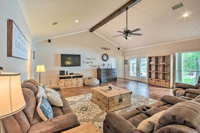 living room featuring hardwood / wood-style floors, beam ceiling, high vaulted ceiling, and ceiling fan