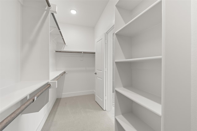 walk in closet with light colored carpet