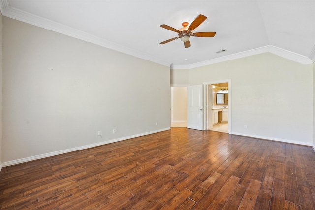 empty room with dark wood-type flooring, ceiling fan, ornamental molding, and lofted ceiling