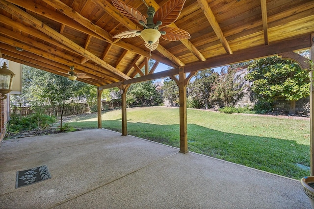 view of patio featuring fence and a ceiling fan