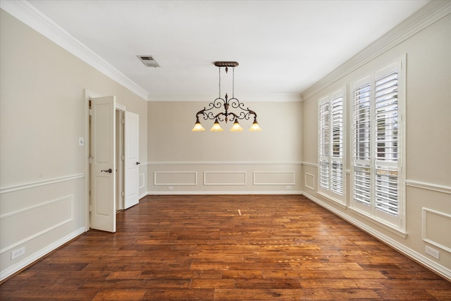 unfurnished dining area with crown molding, a notable chandelier, and dark hardwood / wood-style flooring