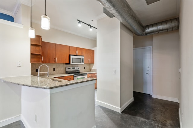 kitchen with decorative backsplash, kitchen peninsula, ornamental molding, sink, and appliances with stainless steel finishes