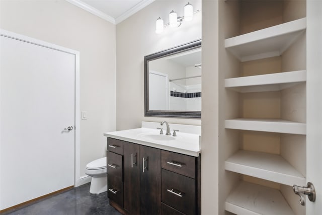 bathroom featuring vanity, toilet, a shower, and ornamental molding