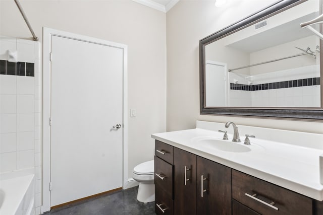 full bathroom featuring concrete floors, toilet, vanity, crown molding, and tiled shower / bath combo