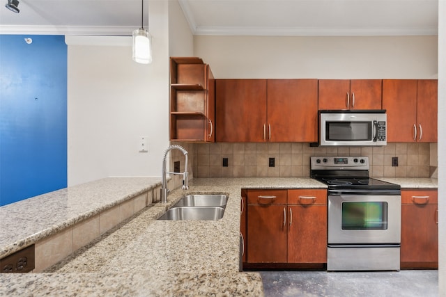 kitchen with light stone counters, appliances with stainless steel finishes, ornamental molding, pendant lighting, and sink