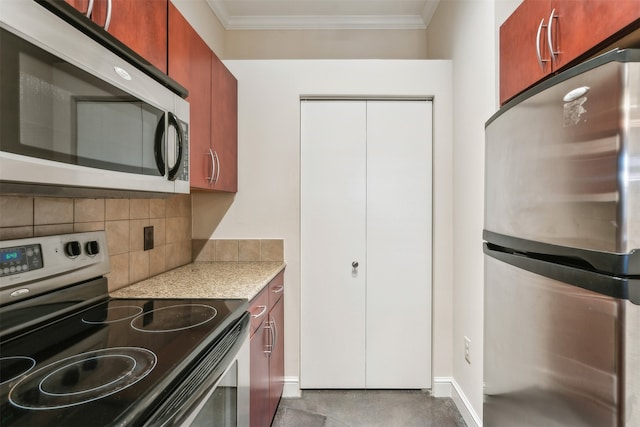 kitchen with light stone counters, tasteful backsplash, appliances with stainless steel finishes, and ornamental molding