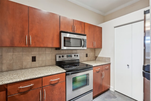 kitchen with ornamental molding, stainless steel appliances, light stone counters, and backsplash