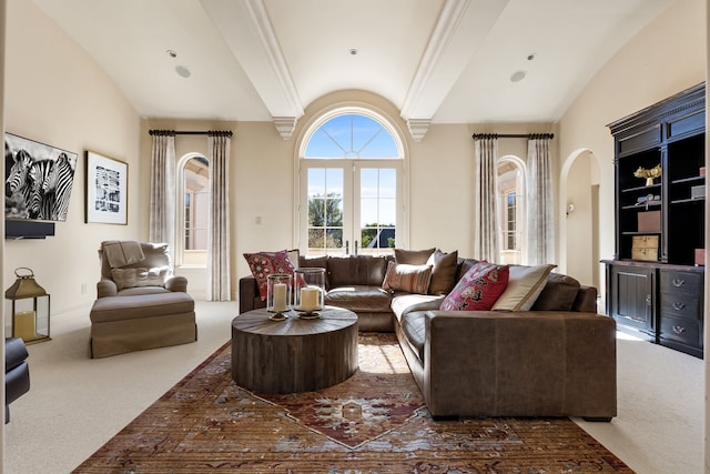 living room featuring vaulted ceiling and dark colored carpet