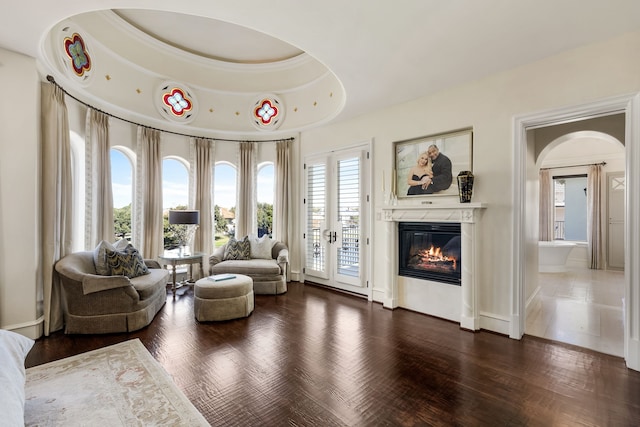 living area featuring a tray ceiling and dark hardwood / wood-style floors