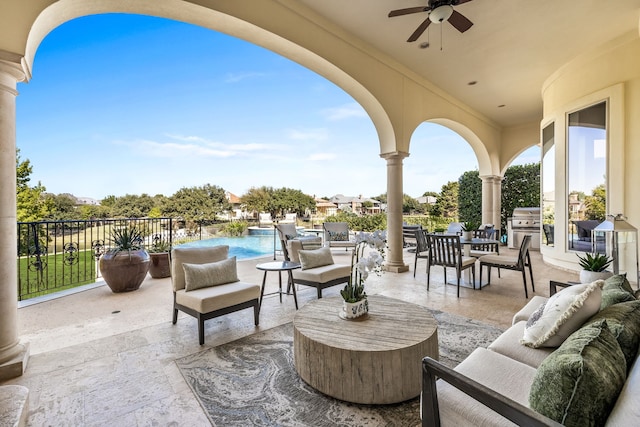 view of patio / terrace featuring a fenced in pool, an outdoor living space, a grill, and ceiling fan