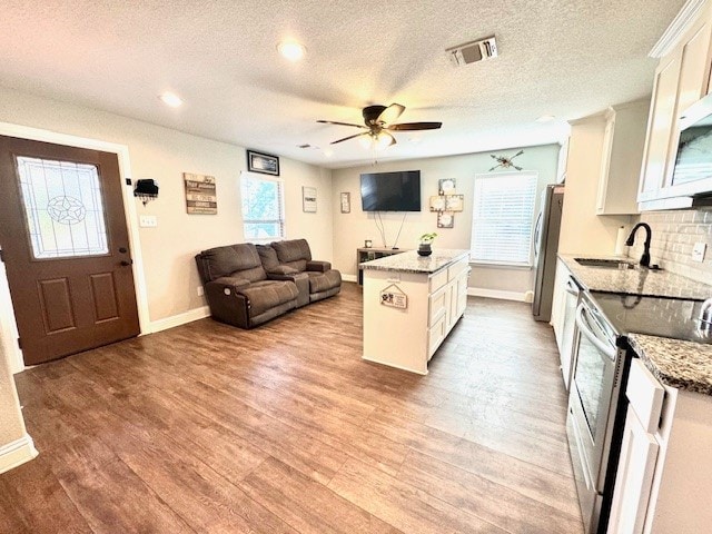 kitchen with appliances with stainless steel finishes, white cabinets, sink, and plenty of natural light