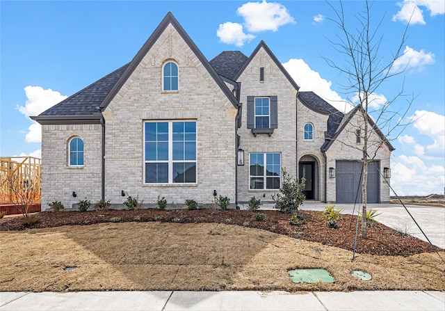 french provincial home with driveway, a garage, and brick siding