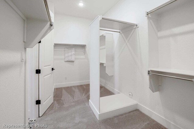 spacious closet featuring light colored carpet