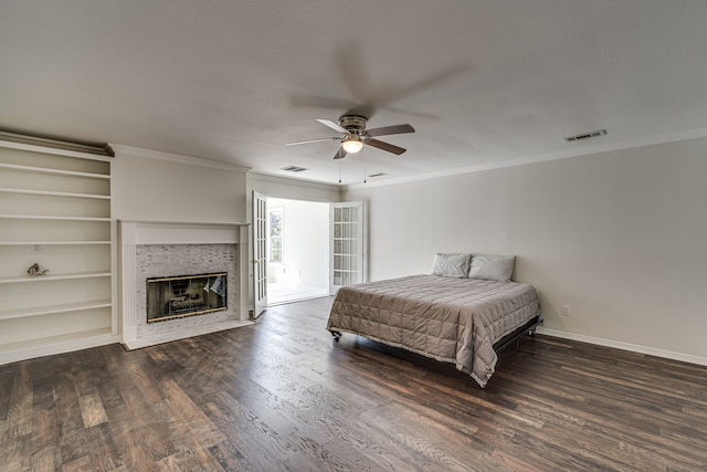 bedroom featuring ceiling fan, access to outside, dark hardwood / wood-style flooring, and ornamental molding