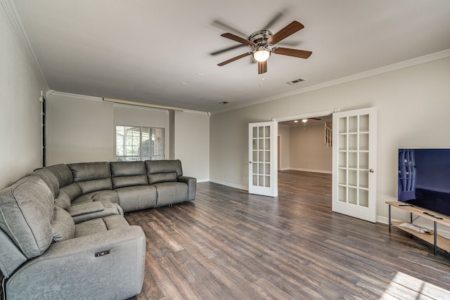 living room with french doors, ceiling fan, ornamental molding, and dark hardwood / wood-style floors