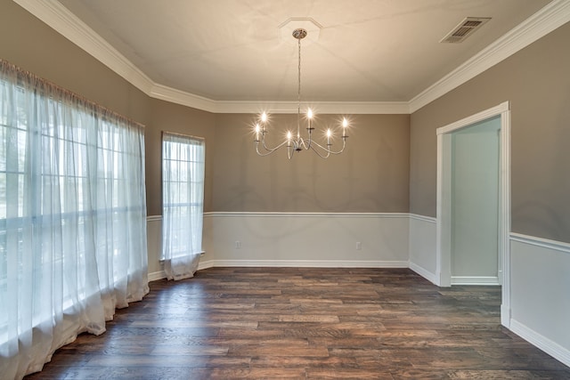 406 Muskingum Rd, Waxahachie, TX 75165 - unfurnished dining area with a chandelier, dark wood finished floors, crown molding, and baseboards