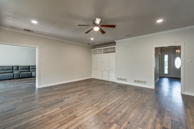 406 Muskingum Rd, Waxahachie, TX 75165 - unfurnished living room featuring a ceiling fan, dark wood-type flooring, ornamental molding, baseboards, and recessed lighting
