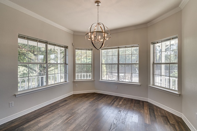 unfurnished dining area with ornamental molding, dark wood-type flooring, and a chandelier