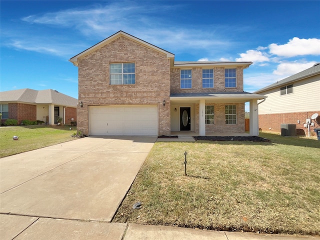 view of front of property with cooling unit, a front lawn, and a garage