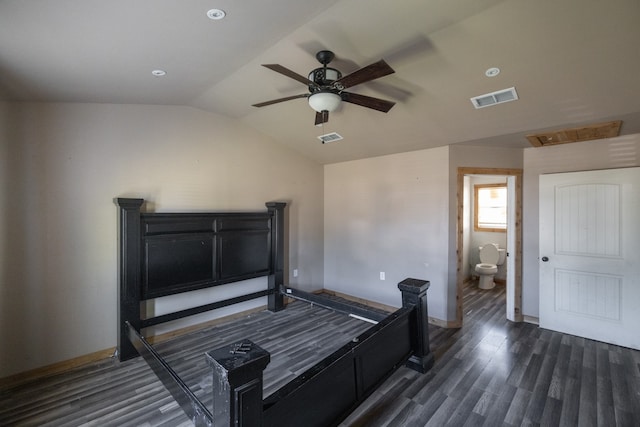 bedroom with connected bathroom, ceiling fan, vaulted ceiling, and dark hardwood / wood-style flooring