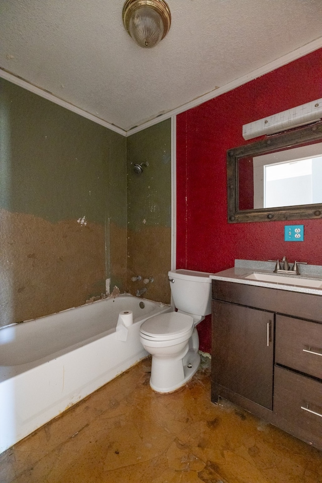 full bathroom with vanity, shower / bathing tub combination, a textured ceiling, and toilet