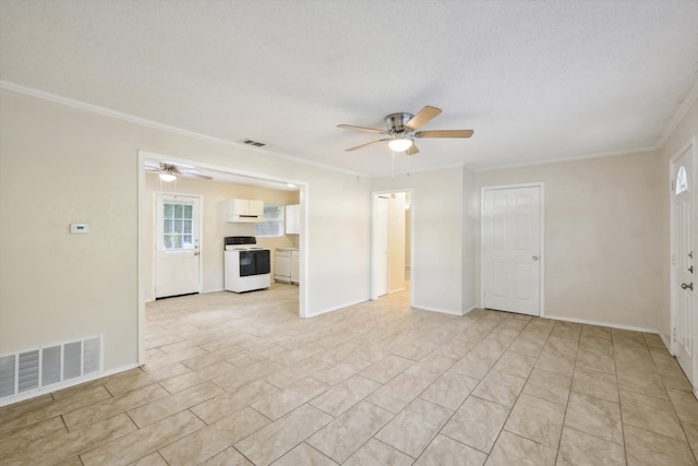 unfurnished living room featuring ceiling fan, a textured ceiling, and ornamental molding