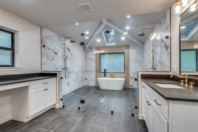 bathroom with lofted ceiling with beams, tile walls, vanity, and separate shower and tub