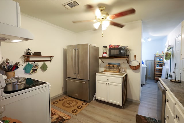 kitchen with high end fridge, light hardwood / wood-style flooring, white cabinetry, and ornamental molding