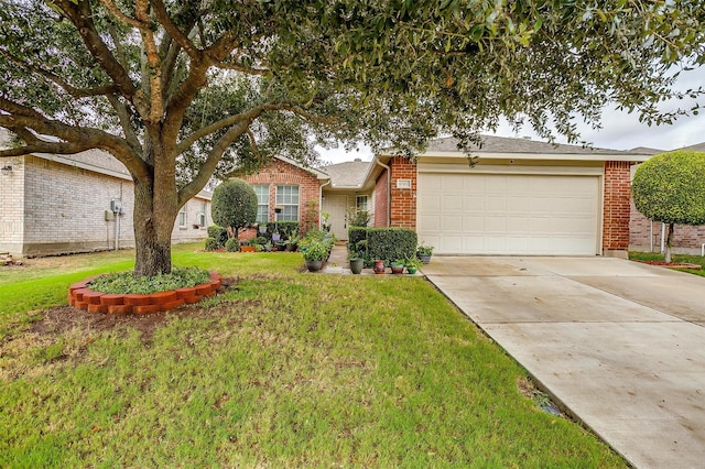 ranch-style house with a garage and a front yard