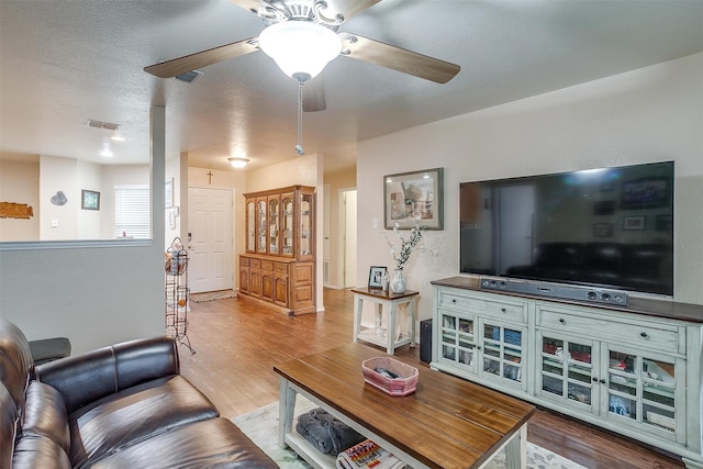 living room with wood-type flooring, ceiling fan, and a textured ceiling