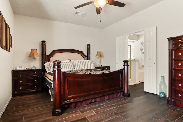 bedroom with ceiling fan and ensuite bath