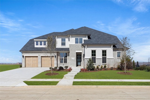 view of front of house featuring a shingled roof, concrete driveway, an attached garage, a front lawn, and brick siding