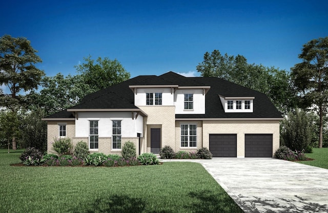 view of front of property with a garage, driveway, brick siding, and a front lawn