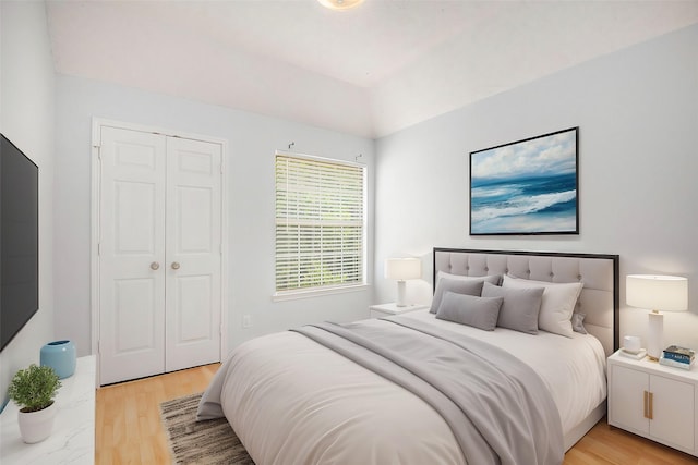 bedroom with lofted ceiling, a closet, and light wood-type flooring